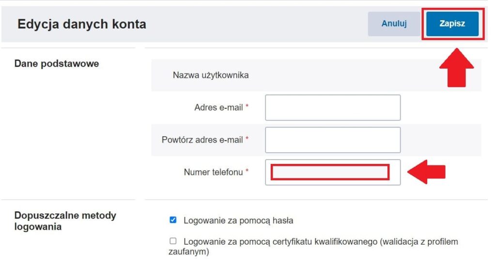 zmiana numeru telefonu w profilu zaufanym